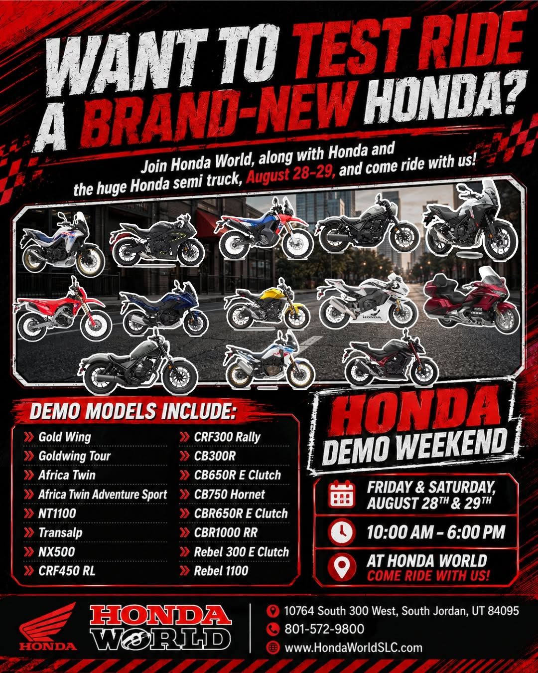Honda motorcycles available during Honda Demo Weekend