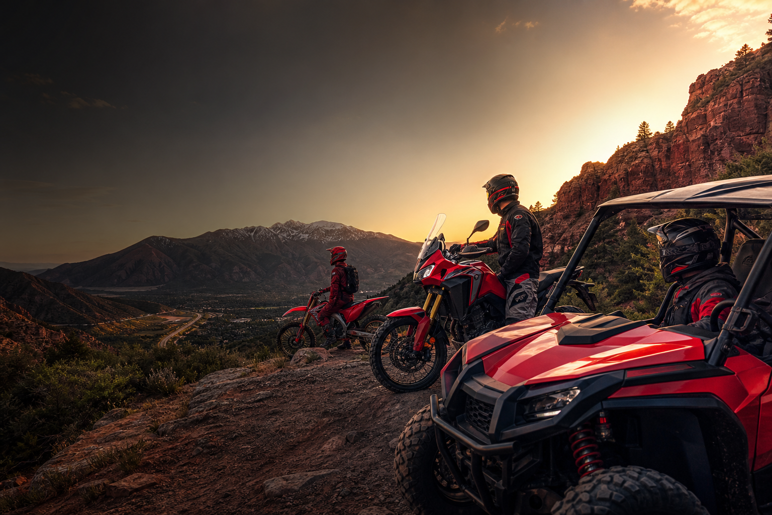 Helmeted powersports riders overlooking a Utah canyon at sunset